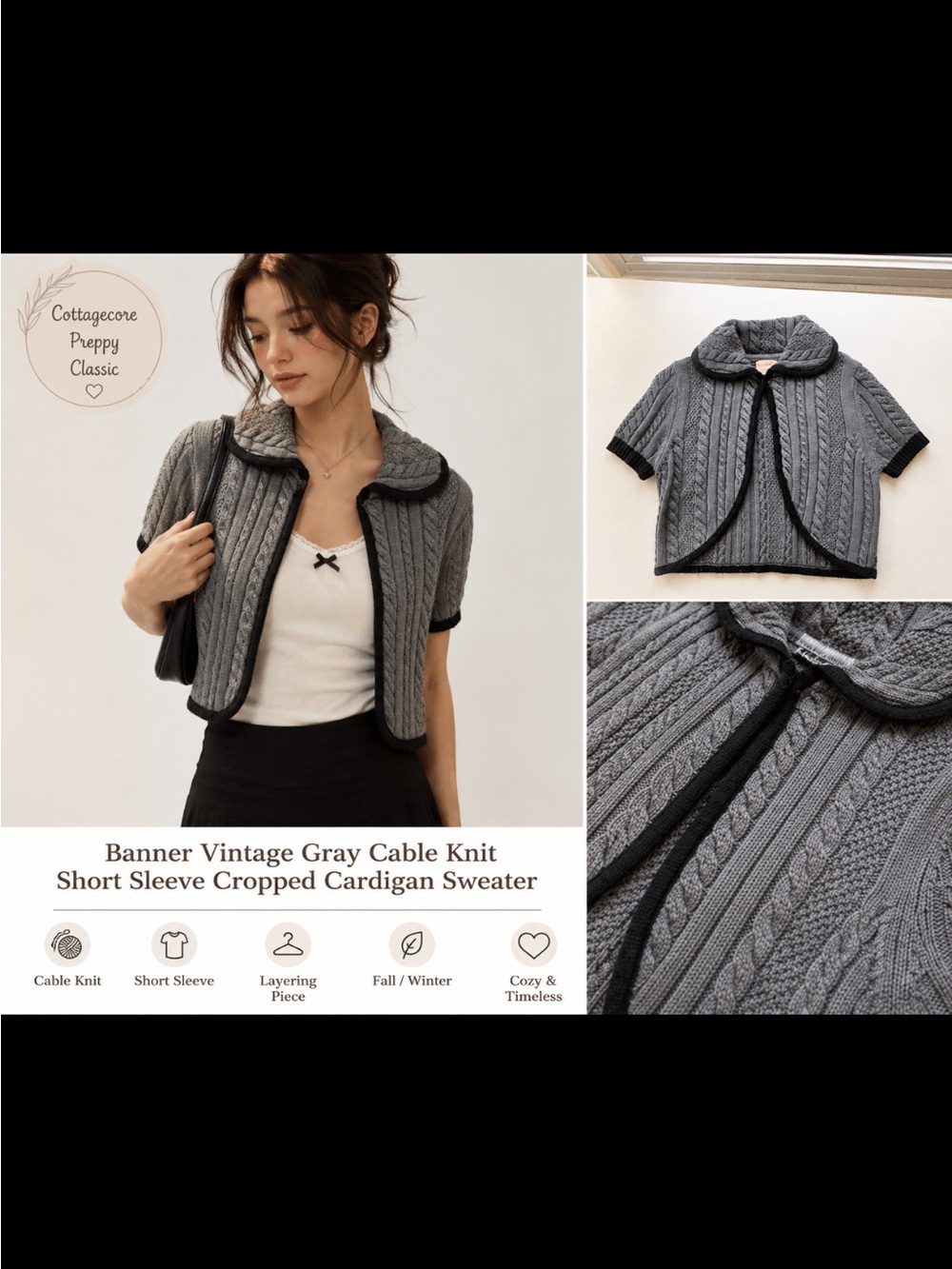 Vintage Gray Cable-Knit Short-Sleeve Cropped Cardigan